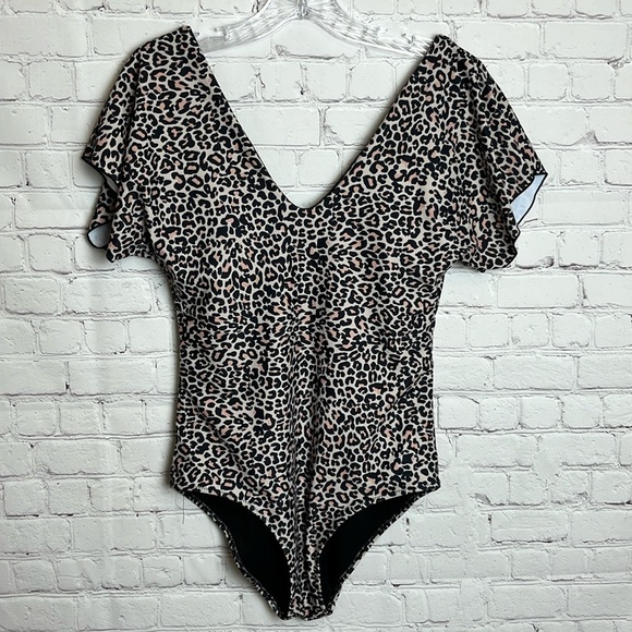 Byinns V-Neck Leopard Print Flutter Sleeve One-Piece Swimsuit - Picture 1 of 13